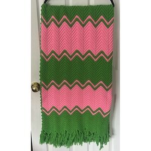 Crochet Afghan Hand Knitted Green and Pink Chevron Pattern Blanket. Preppy Lilly